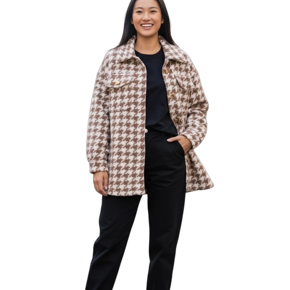 Nasty Gal Houndstooth Shacket Brown/White Size 4 - Picture 1 of 8